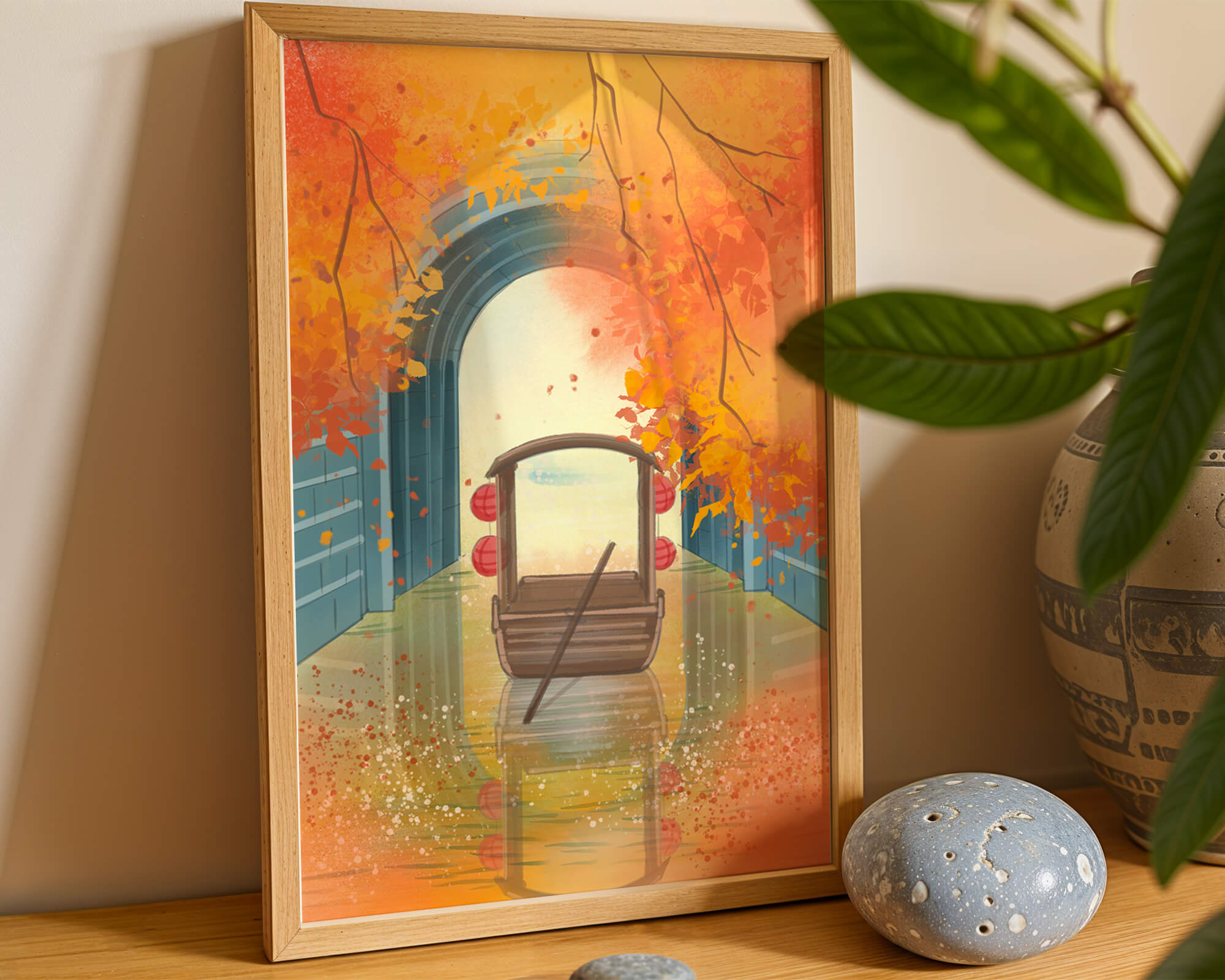 Serene autumn scene with archway and wooden boat