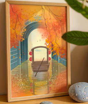 Serene autumn scene with archway and wooden boat