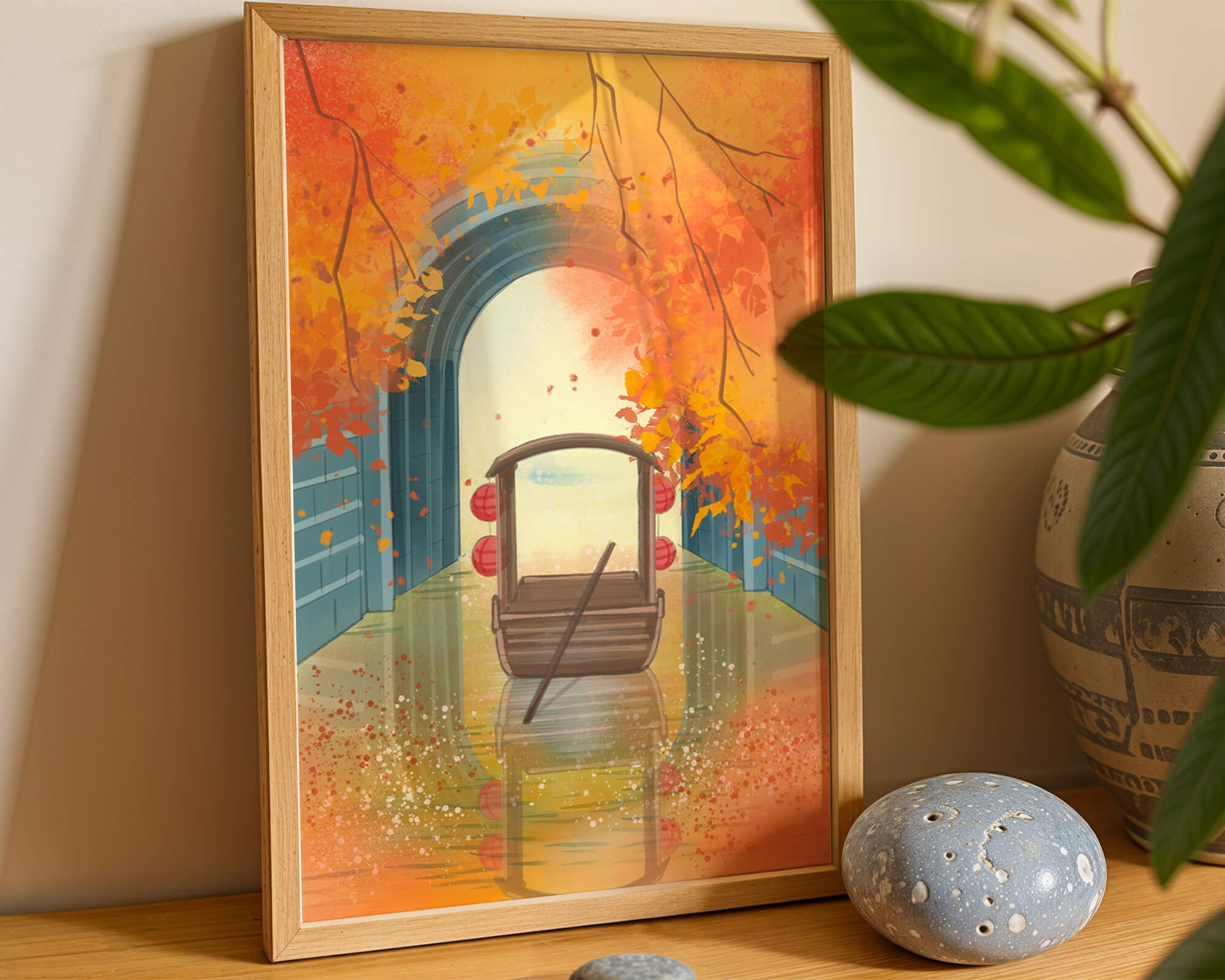 Serene autumn scene with archway and wooden boat
