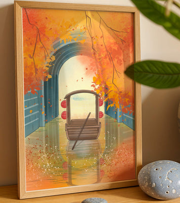 Serene autumn scene with archway and wooden boat