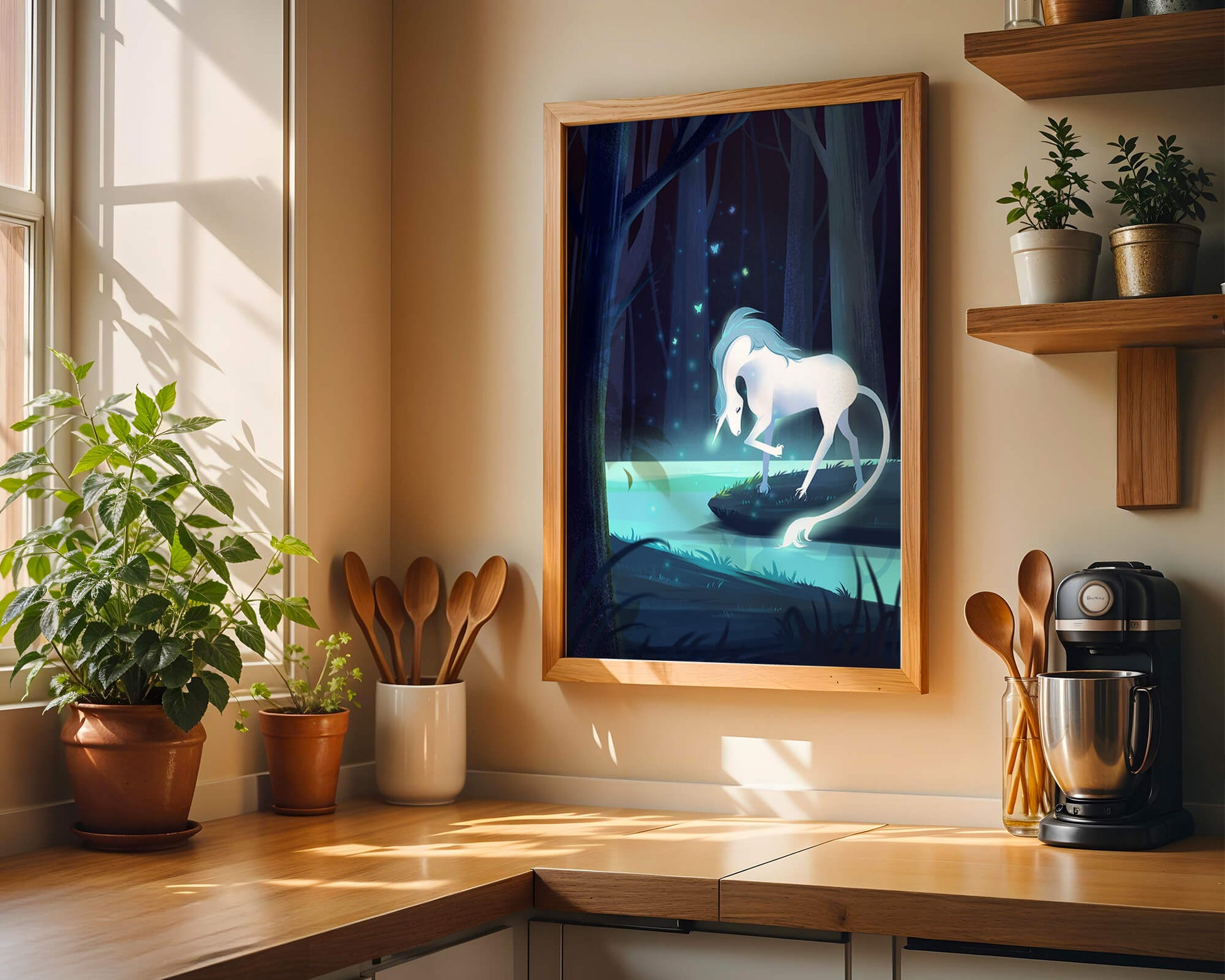 Enchanting night scene with a unicorn by a forest stream