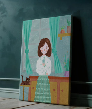 Charming Illustration of Woman and Cat in Cozy Living Room
