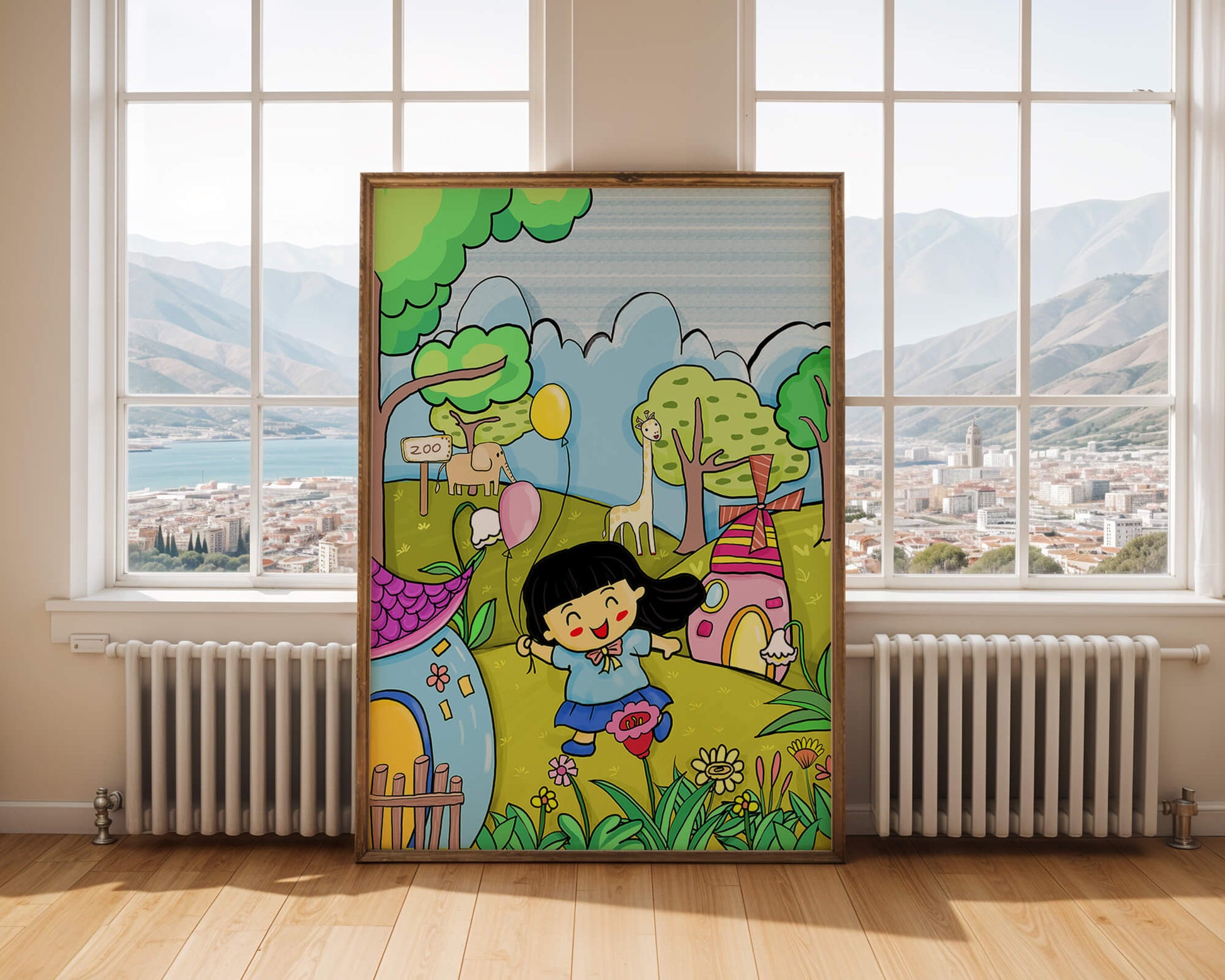 Colorful children's illustration of a joyful zoo visit with animals