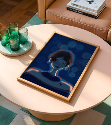 Illustration of a woman with bokeh lights and stylish earrings