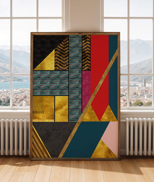 Geometric abstract art with bold colors and golden accents