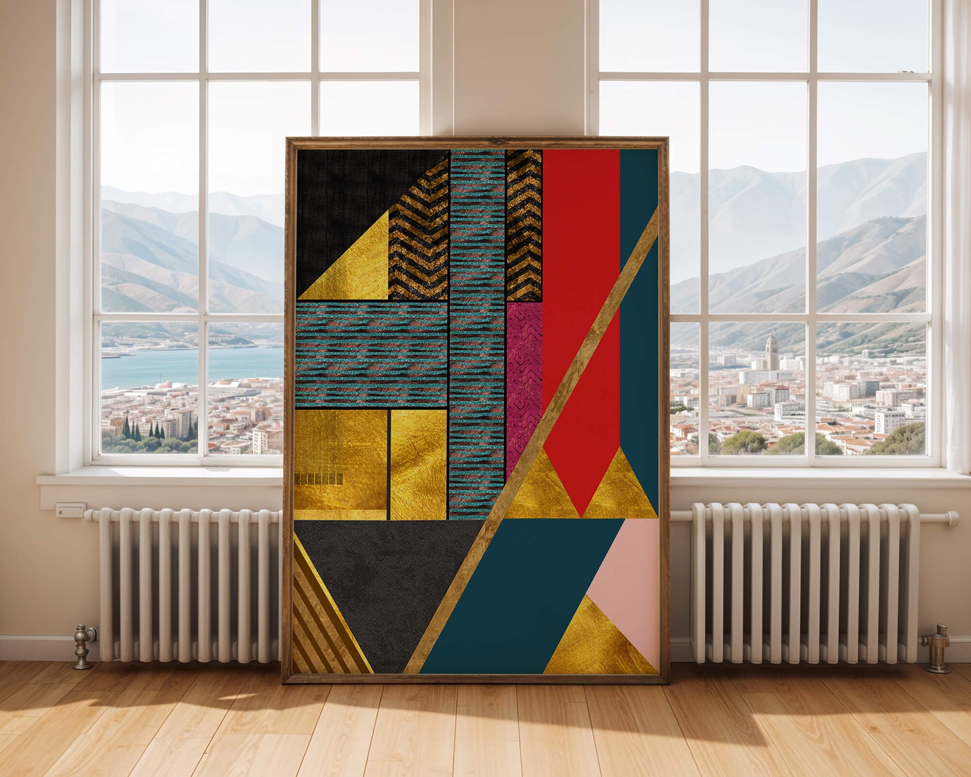 Geometric abstract art with bold colors and golden accents