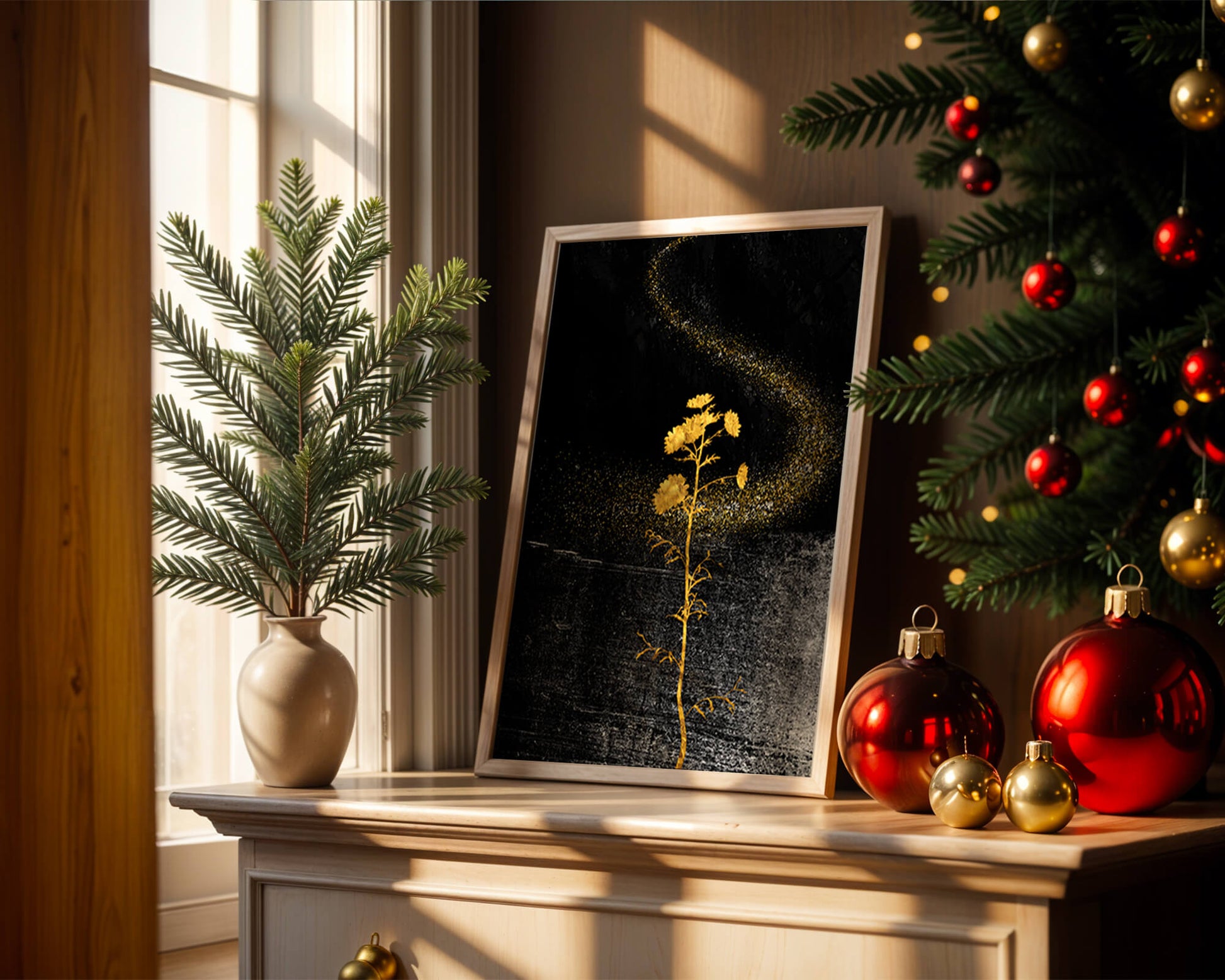 Golden Flowers on Black Background with Sparkling Dust
