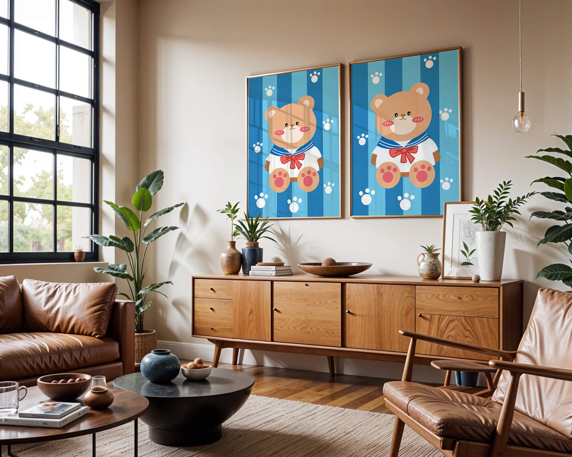 Adorable cartoon bear with sailor suit against striped background