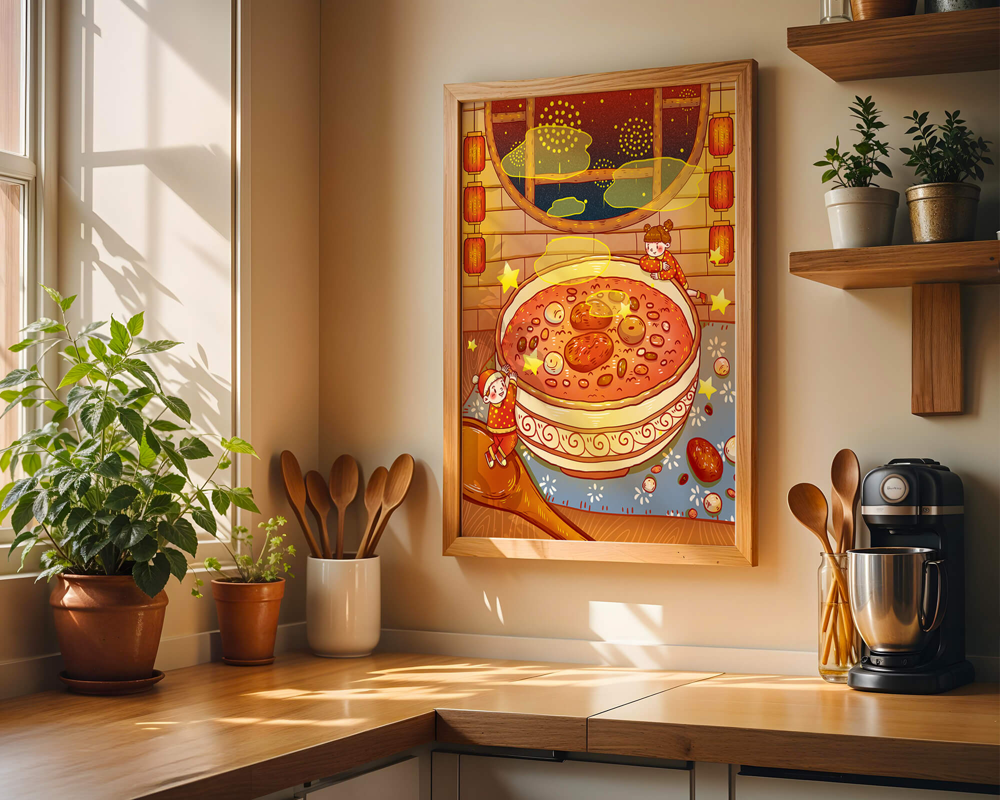Cozy festive scene with children, a large bowl of soup, and lanterns