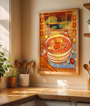 Scène festive et chaleureuse avec des enfants, un grand bol de soupe et des lanternes