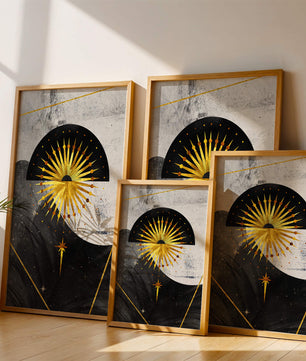 Abstract cosmic design featuring golden sunburst and celestial elements