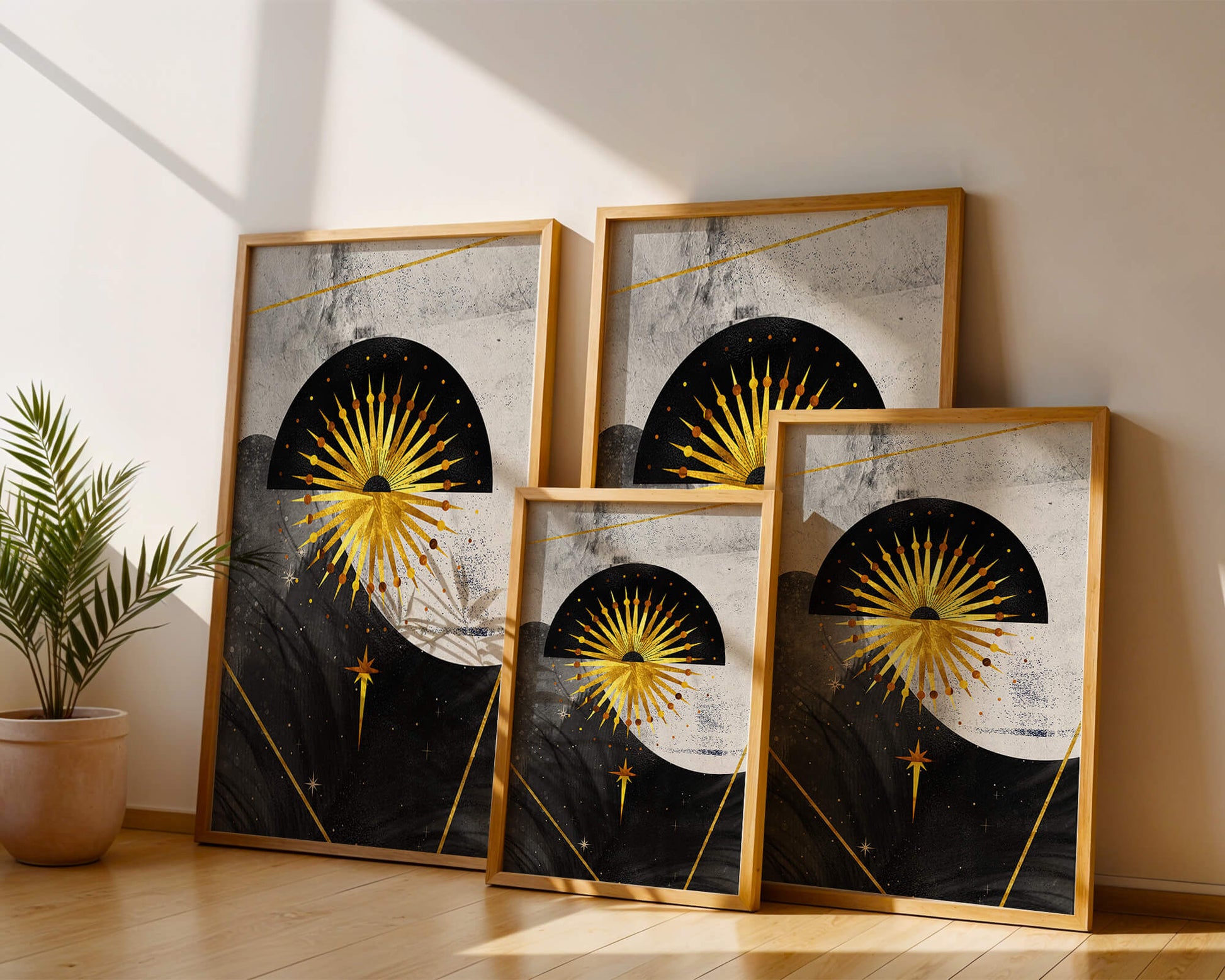 Abstract cosmic design featuring golden sunburst and celestial elements