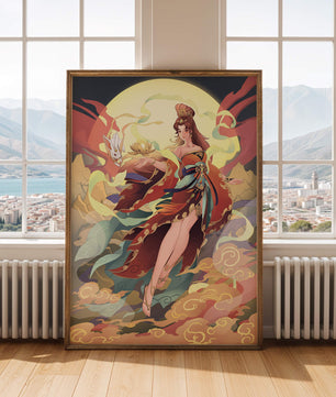 An enchanting depiction of a celestial figure with a mystical rabbit and vibrant attire