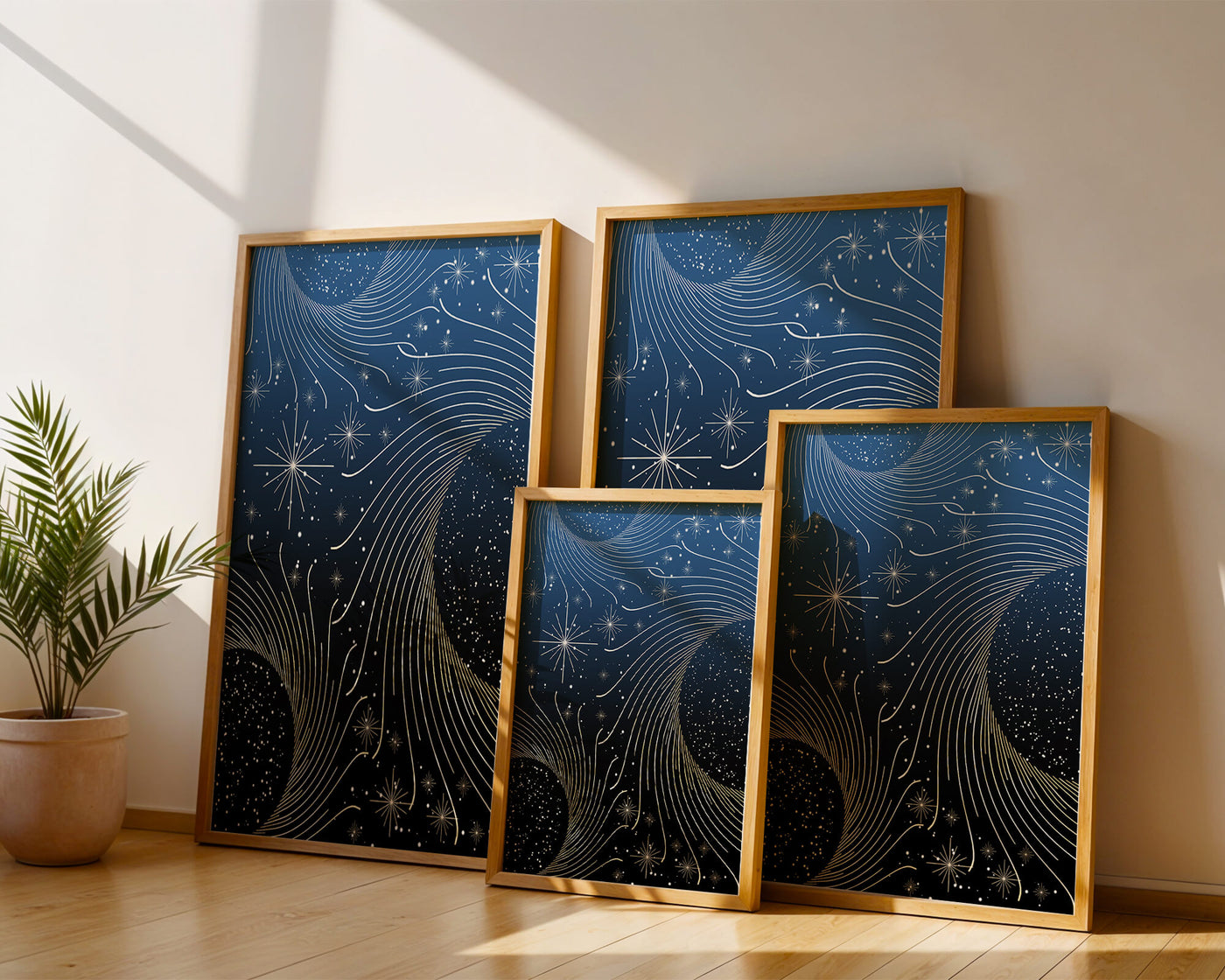 Elegant starry night with golden cosmic swirls