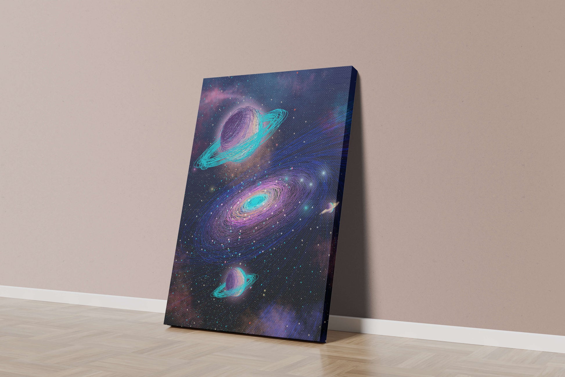 Colorful space illustration with planets and galaxy