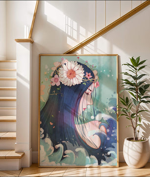 Illustration of a serene woman with floral crown and ocean waves