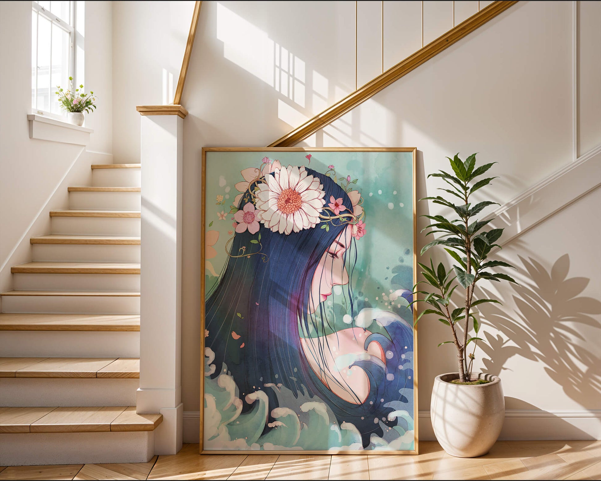Illustration of a serene woman with floral crown and ocean waves