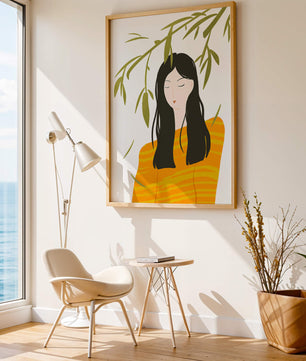 Illustration d'une femme en pull orange avec un fond de feuillage