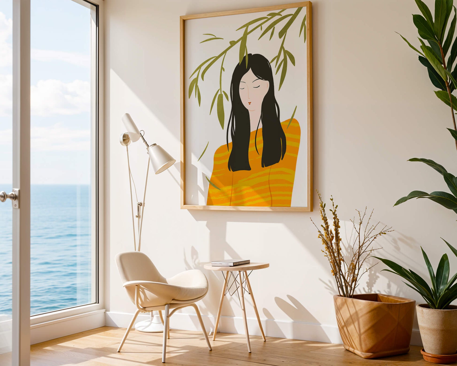 Woman in orange sweater with foliage backdrop illustration