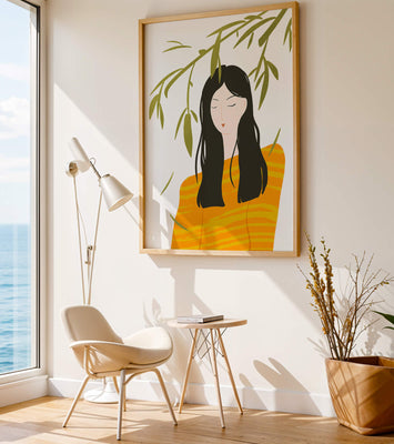 Woman in orange sweater with foliage backdrop illustration