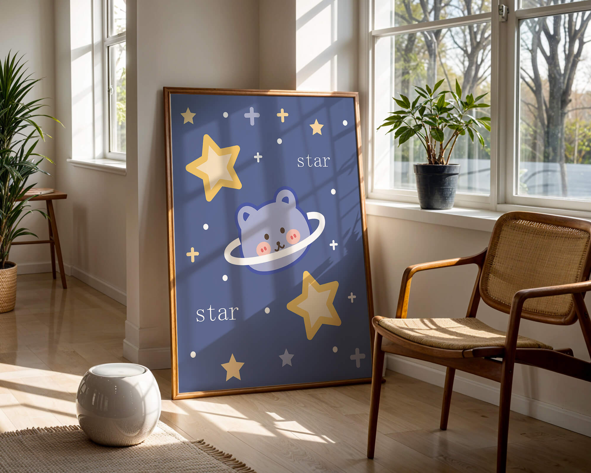 Adorable cartoon bear with stars on a blue background