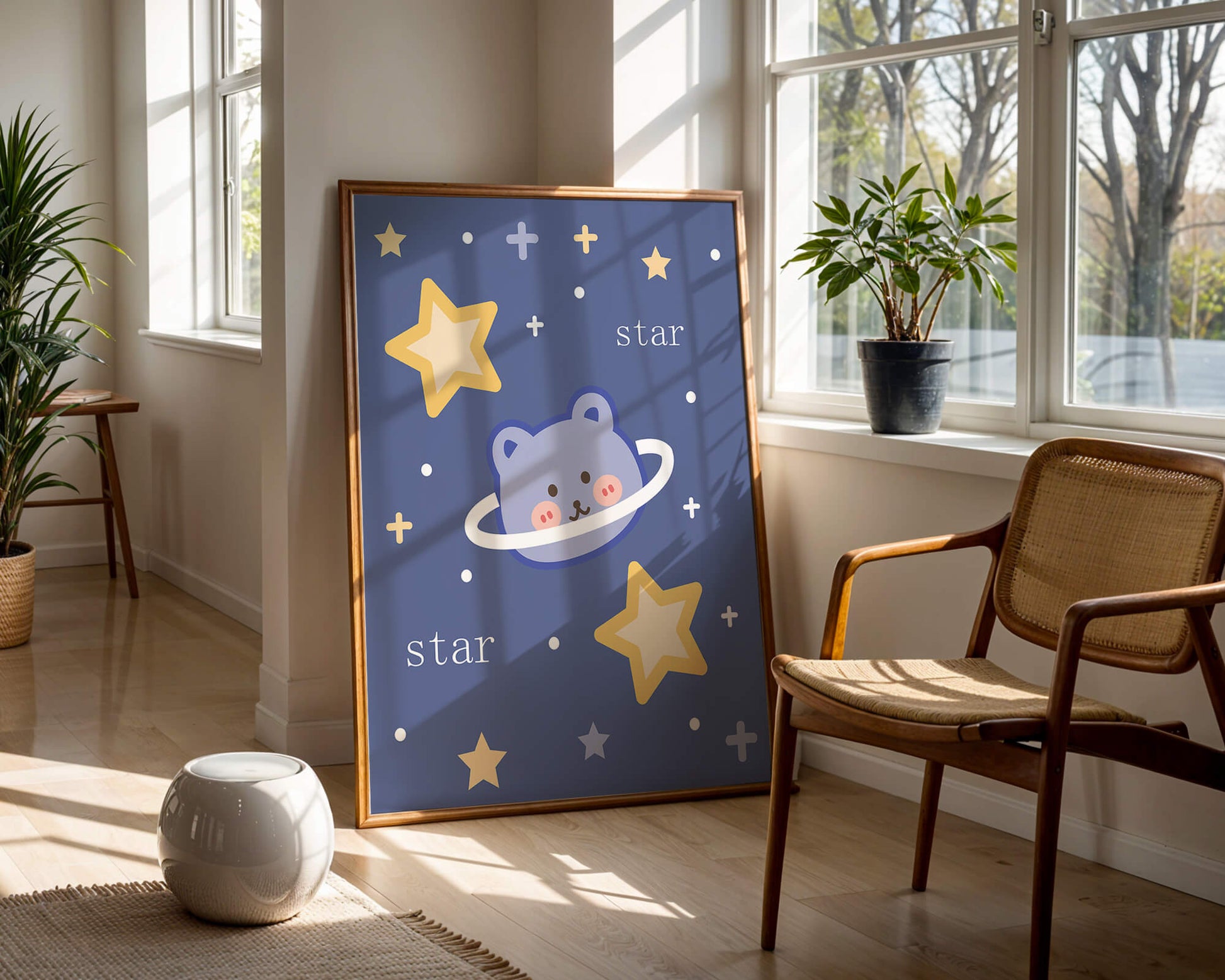Adorable cartoon bear with stars on a blue background