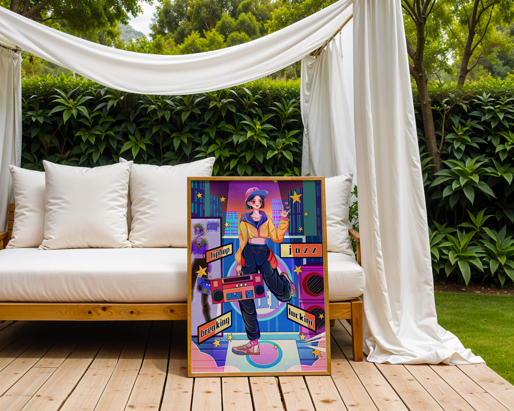 Colorful urban dance scene with hip hop and jazz elements