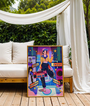 Escena urbana de baile colorida con elementos de hip hop y jazz