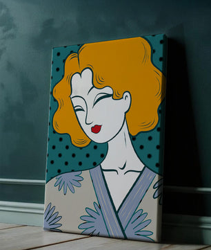 Retrato estilizado de una mujer con cabello naranja y kimono floral