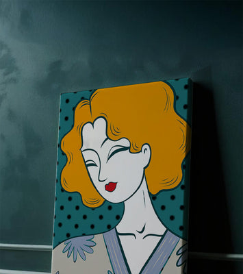 Stylized portrait of a woman with orange hair and floral kimono