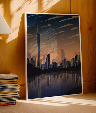 Skyline der Stadt bei Sonnenuntergang mit futuristischem Touch und Wasserspiegelung