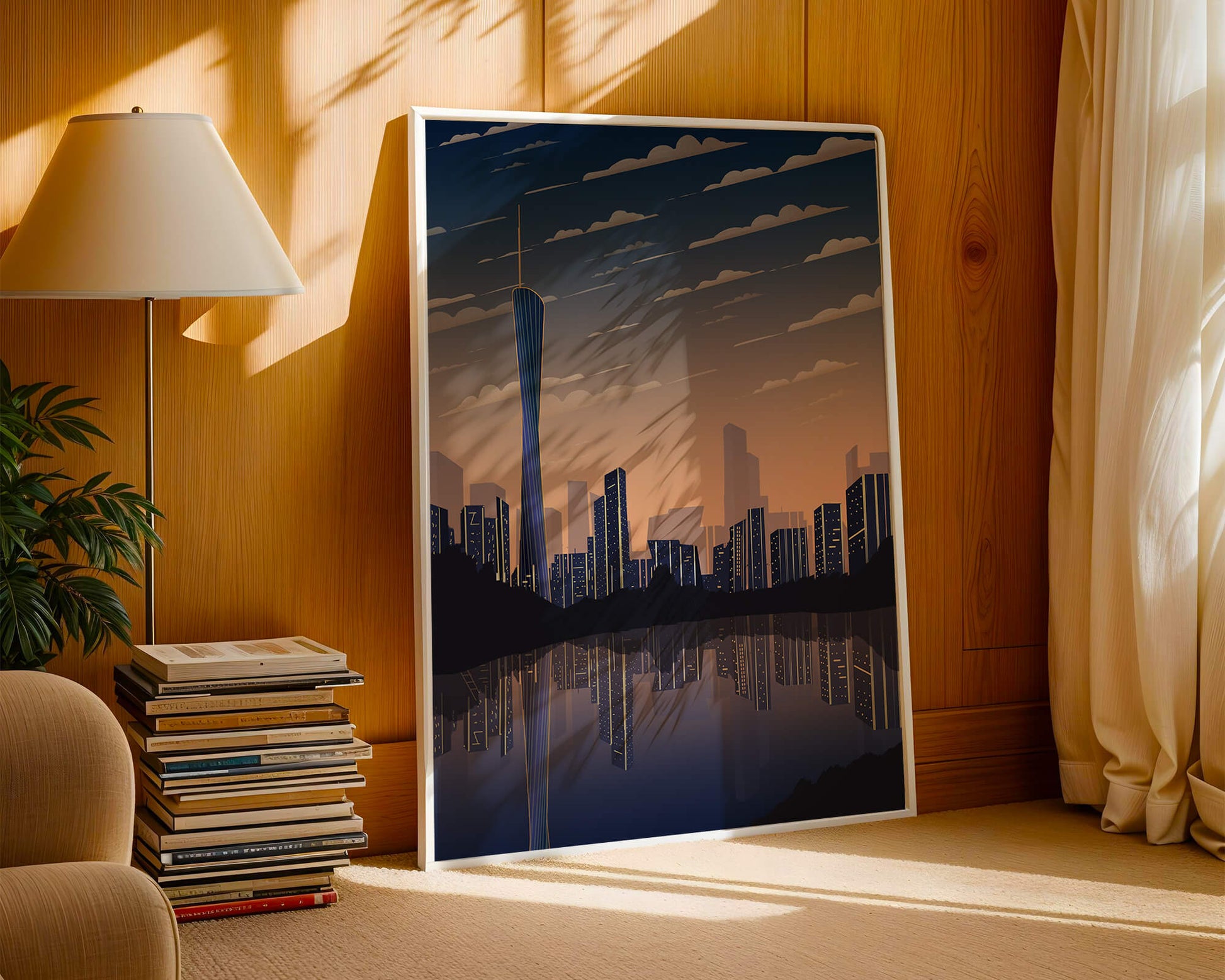 Skyline der Stadt bei Sonnenuntergang mit futuristischem Touch und Wasserspiegelung