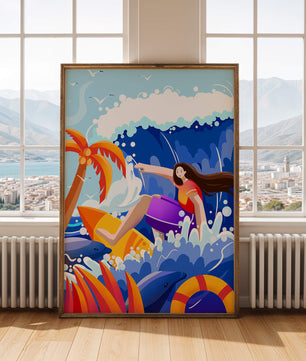 Ilustración de un surfista cabalgando una ola entre delfines y palmeras