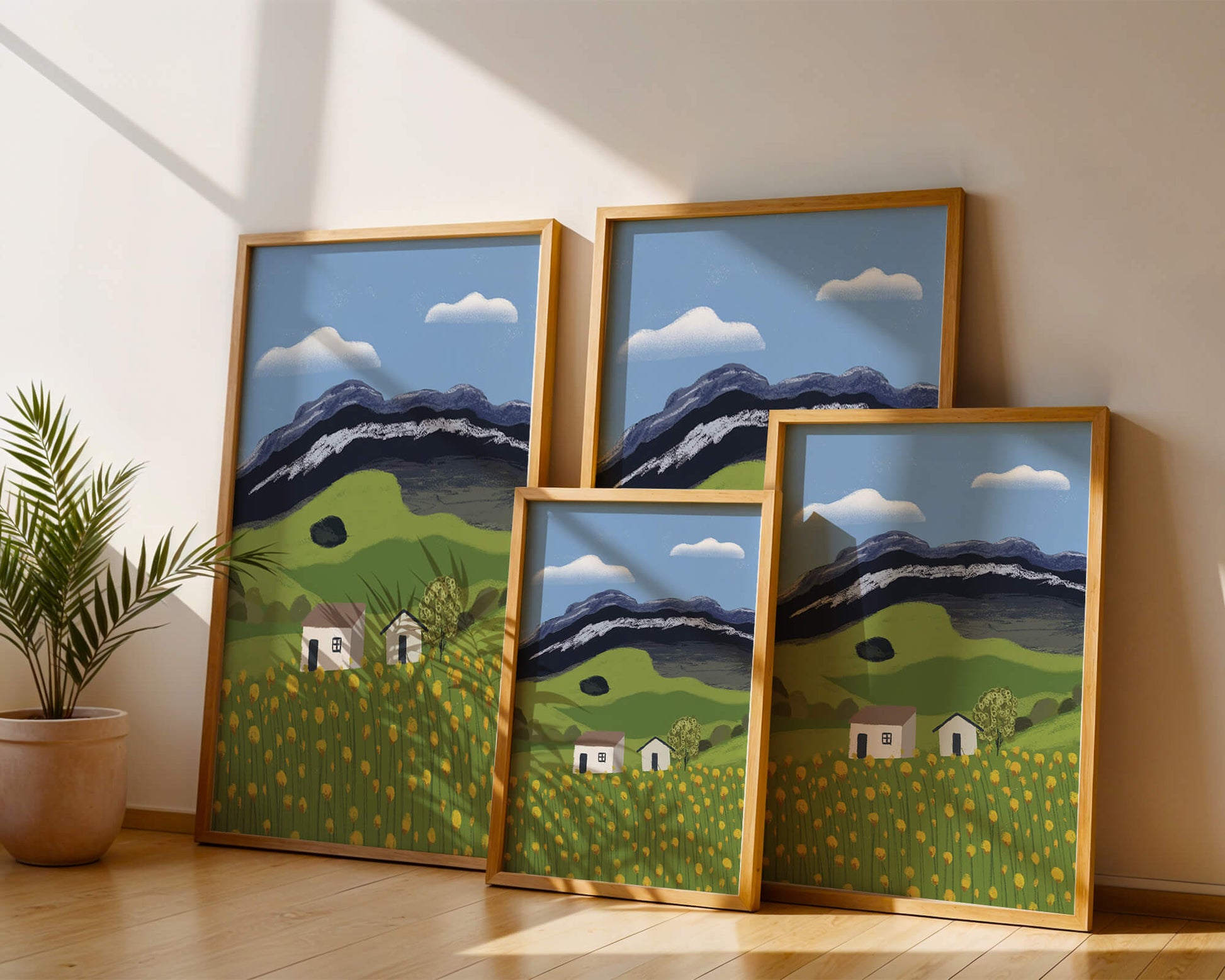 Peaceful Rural Landscape with Houses and Yellow Flowers under Blue Sky