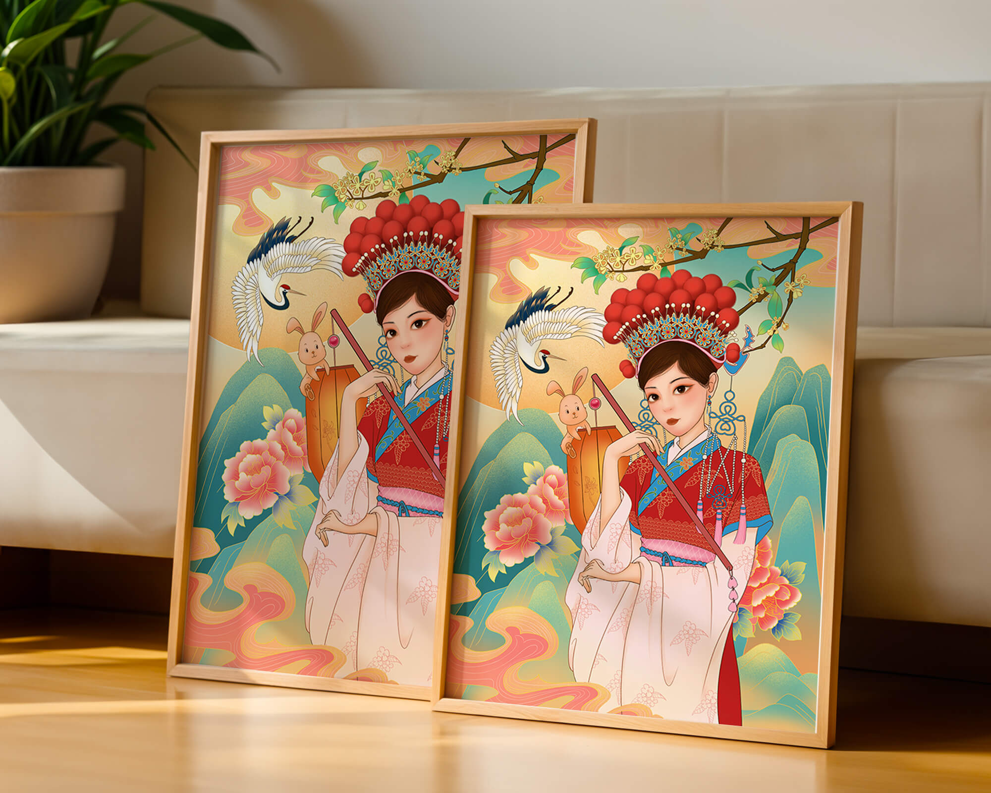 Elegant traditional Chinese illustration featuring a woman in vibrant attire with floral and animal motifs