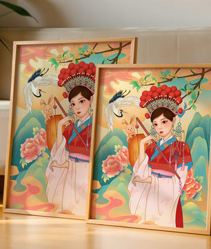 Elegante traditionelle chinesische Illustration mit einer Frau in lebendiger Kleidung mit Blumen- und Tiermotiven