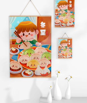 Festive cartoon illustration of a child enjoying dumplings during winter solstice