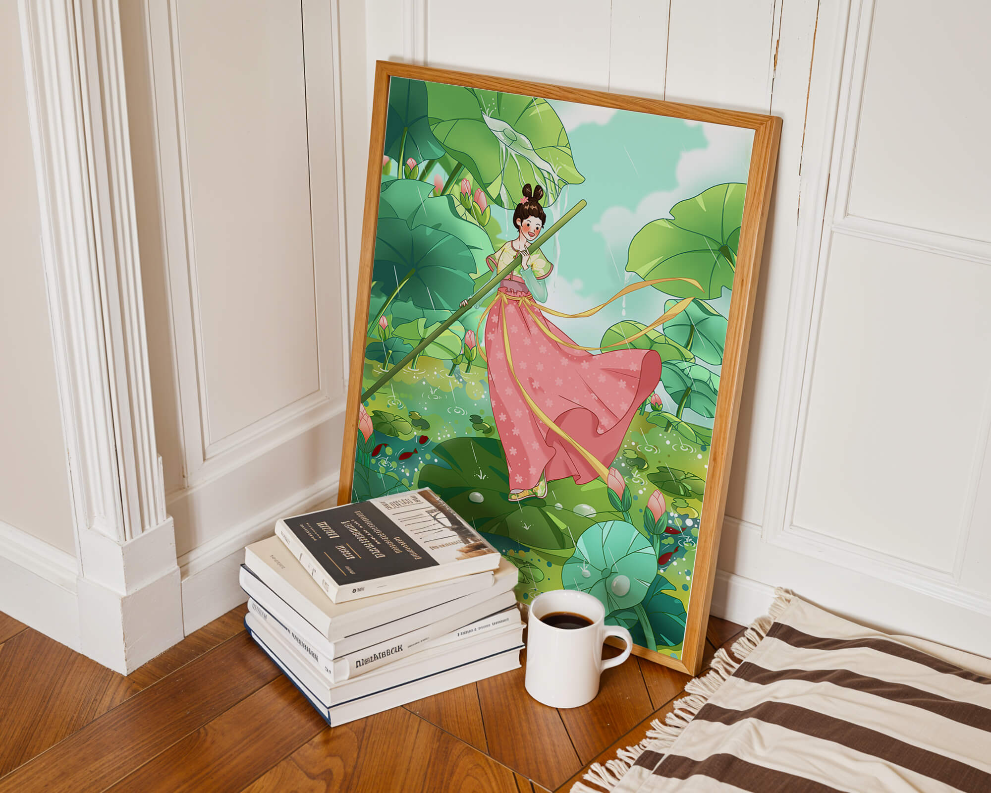A whimsical scene of a girl in traditional dress among vibrant lotus leaves