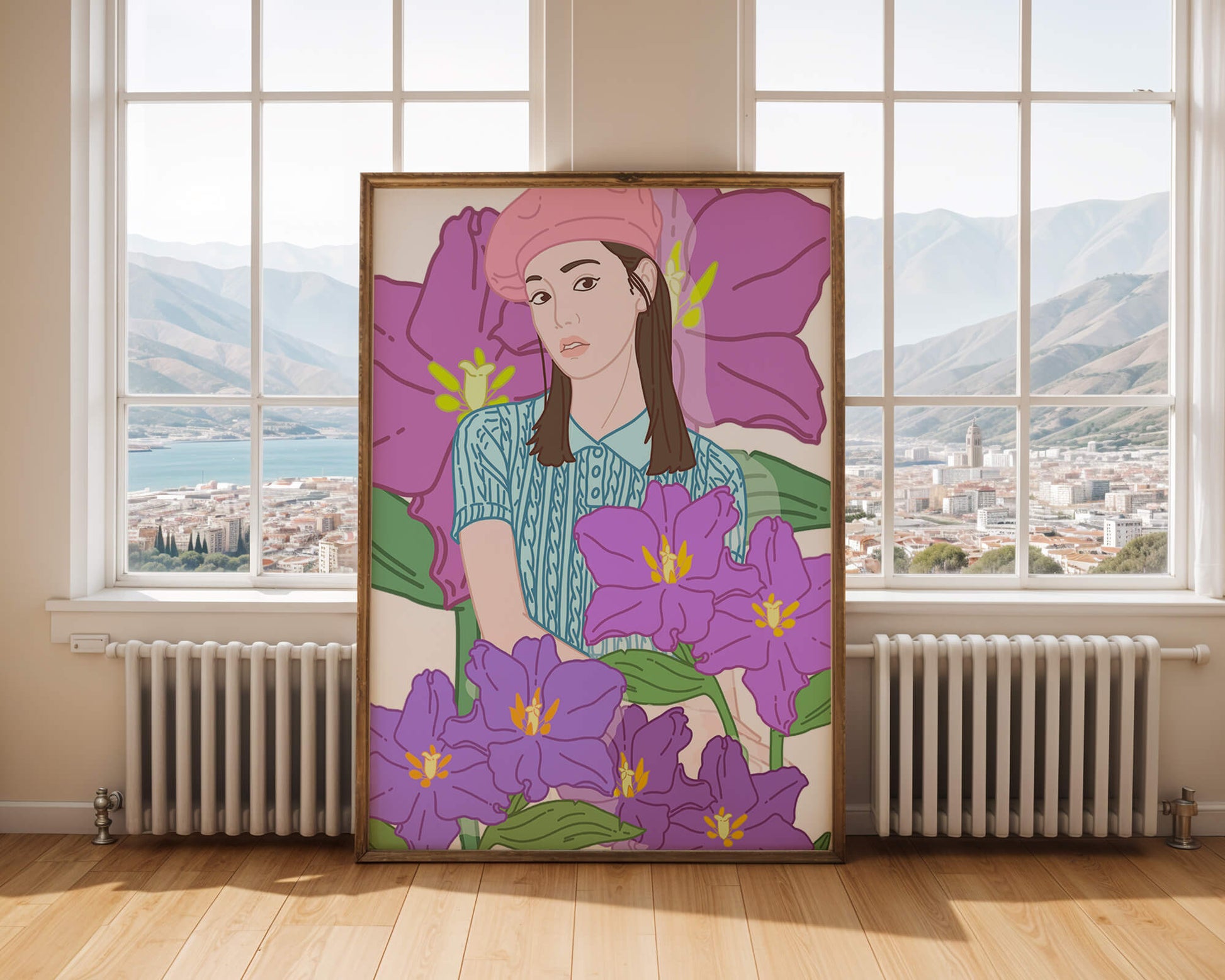 Ilustración de una joven con boina rosa y flores moradas
