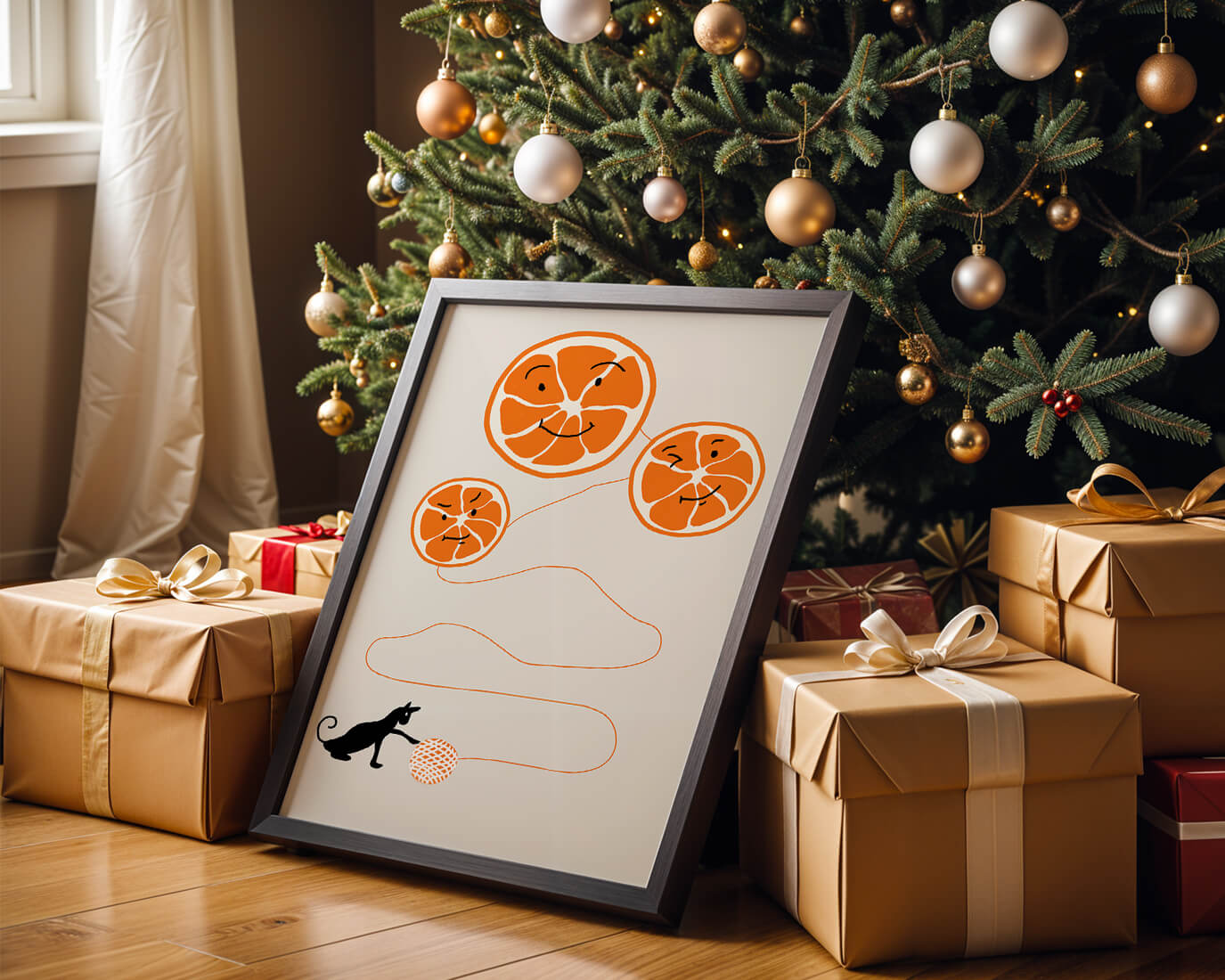 Playful illustration of oranges with cat and yarn