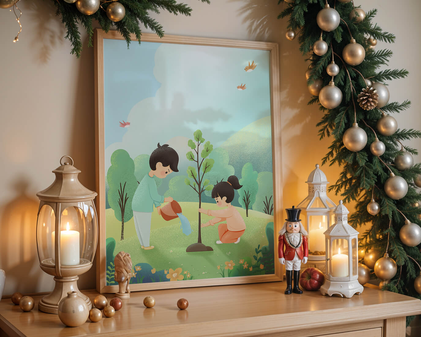 Children nurturing a young tree in a lush green landscape