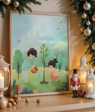 Kinder pflegen einen jungen Baum in einer üppig grünen Landschaft