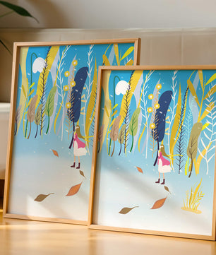 Ilustración caprichosa de una niña en un bosque abstracto vibrante