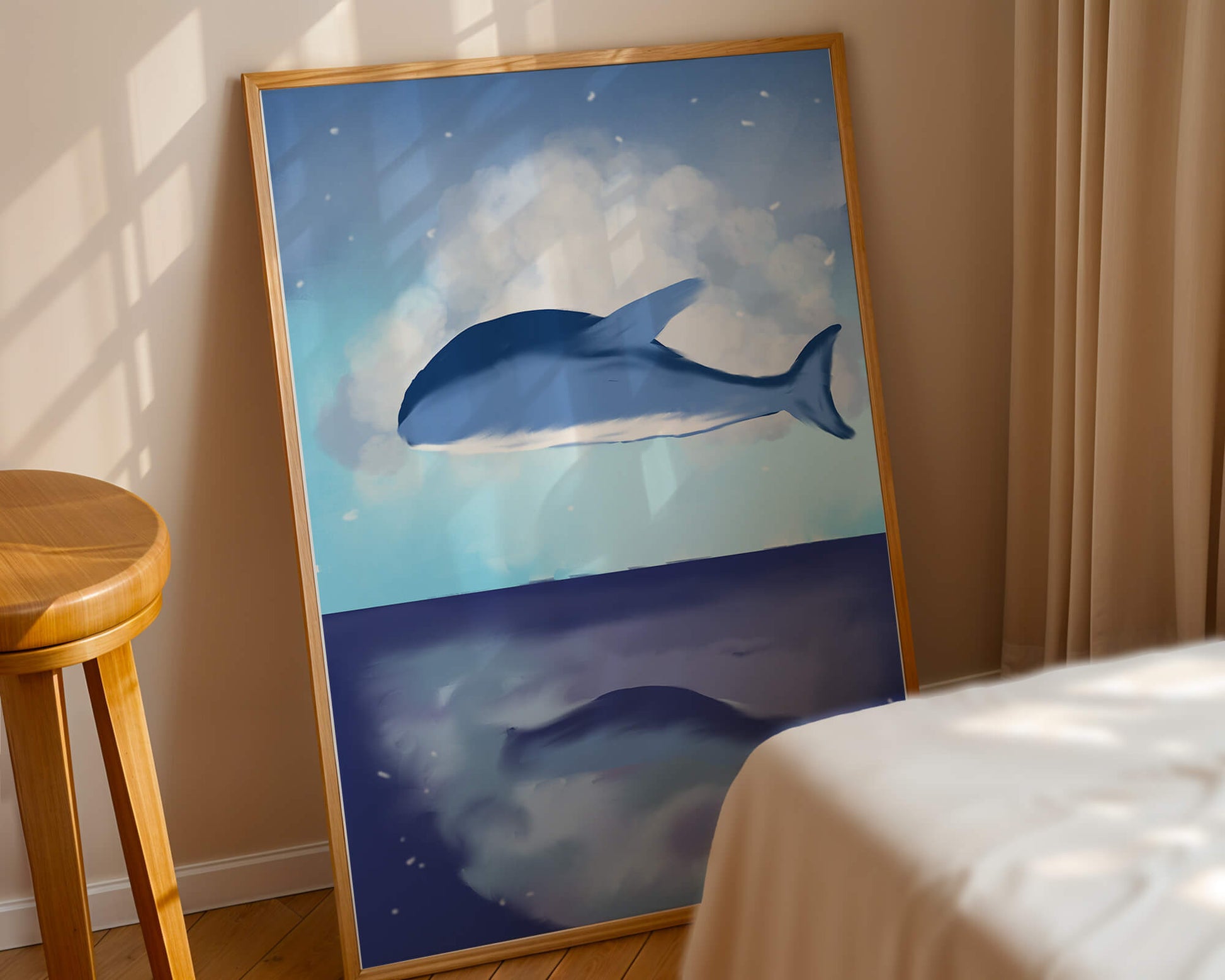 Surreal Ocean Scene with Floating Whale and Cloudy Sky Reflection