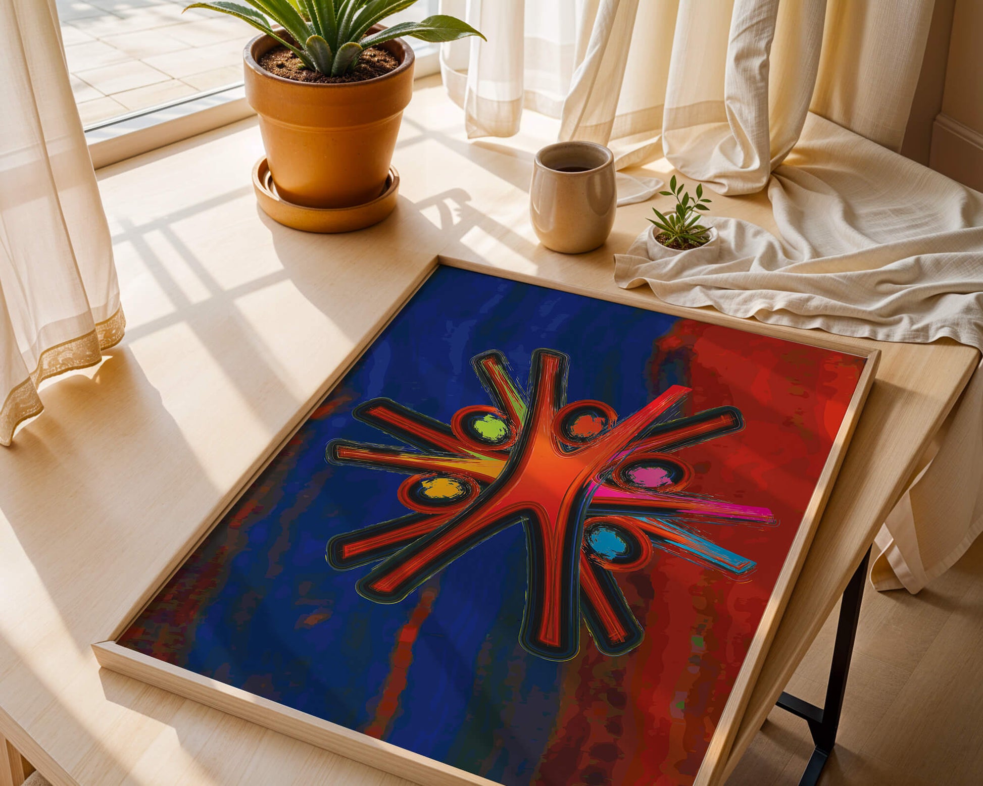 Abstract art with dynamic figures and vibrant colors