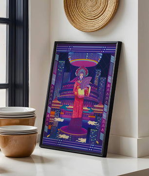 Futuristic Asian Inspired Artwork with Neon Colors and Geisha in Traditional Attire