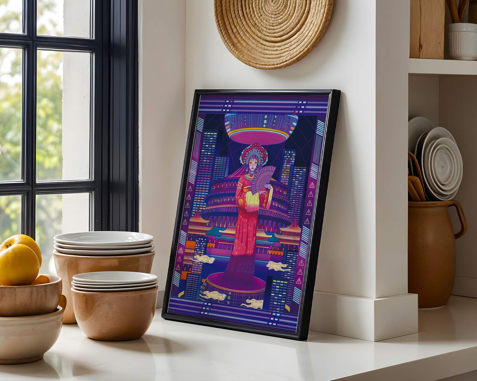 Futuristic Asian Inspired Artwork with Neon Colors and Geisha in Traditional Attire
