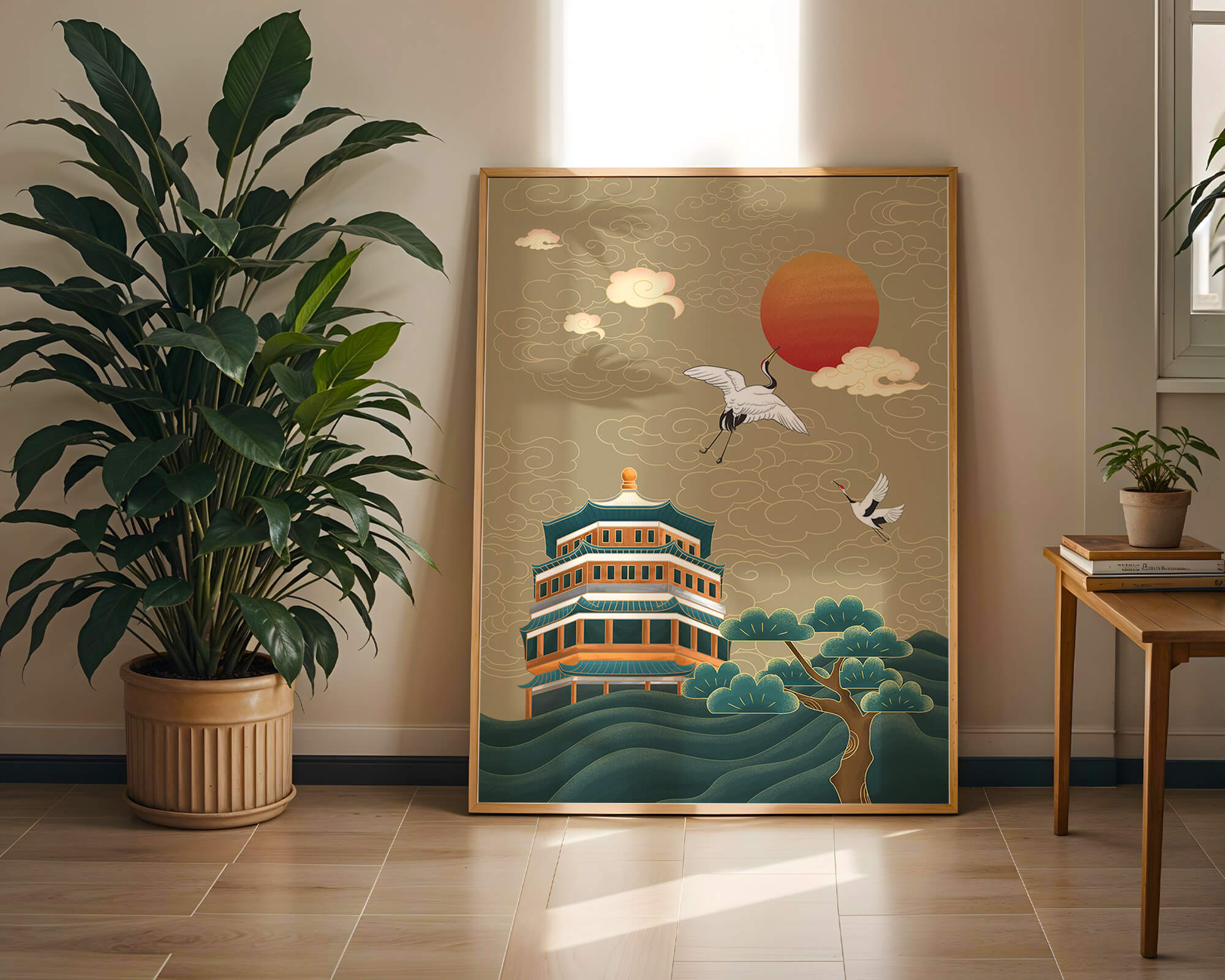Traditional Asian artwork with cranes and pagoda under a red sun
