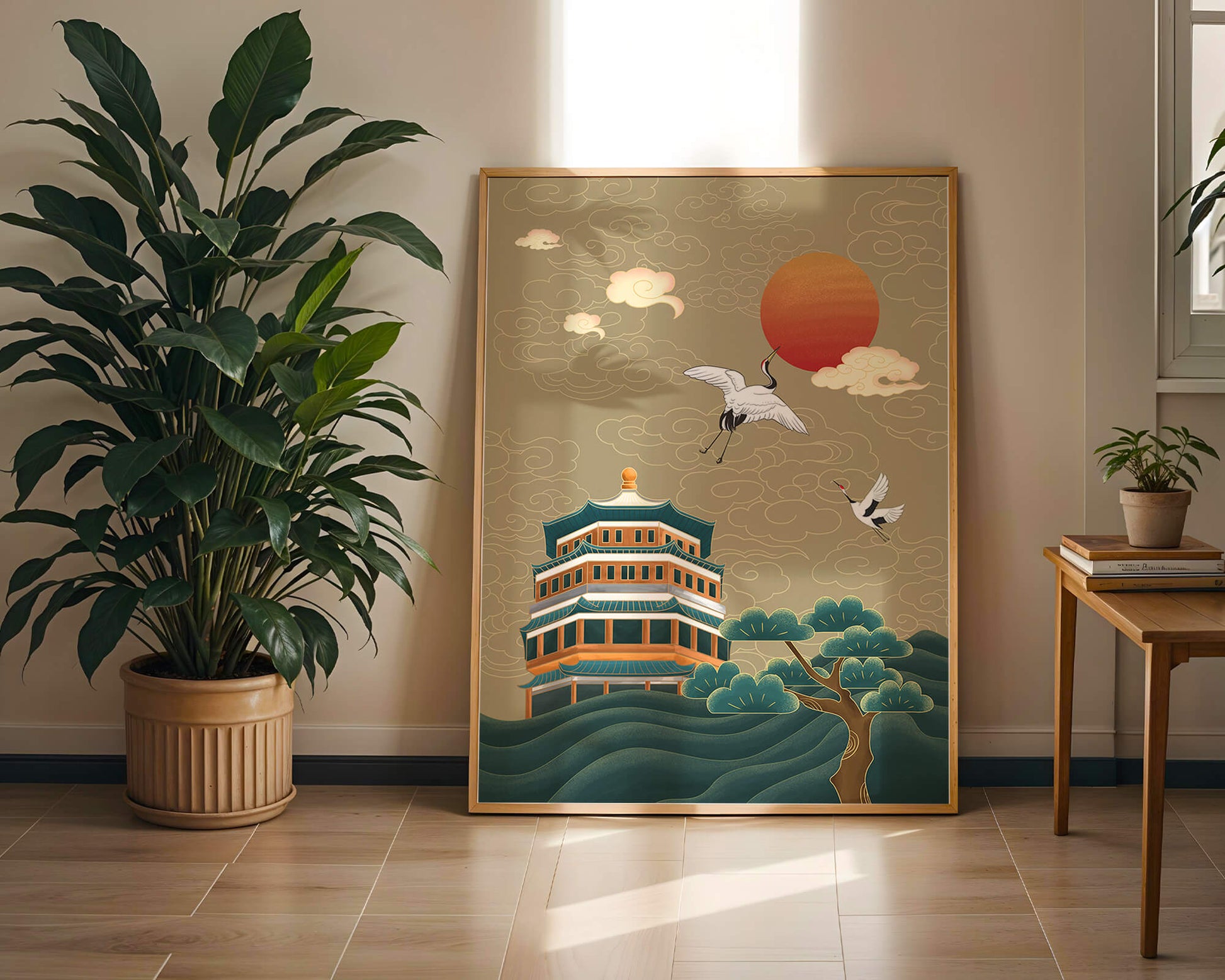 Obra de arte asiática tradicional con grullas y pagoda bajo un sol rojo