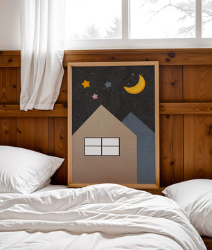 Charming Night Sky with Moon, Stars, and Houses - Mi tienda